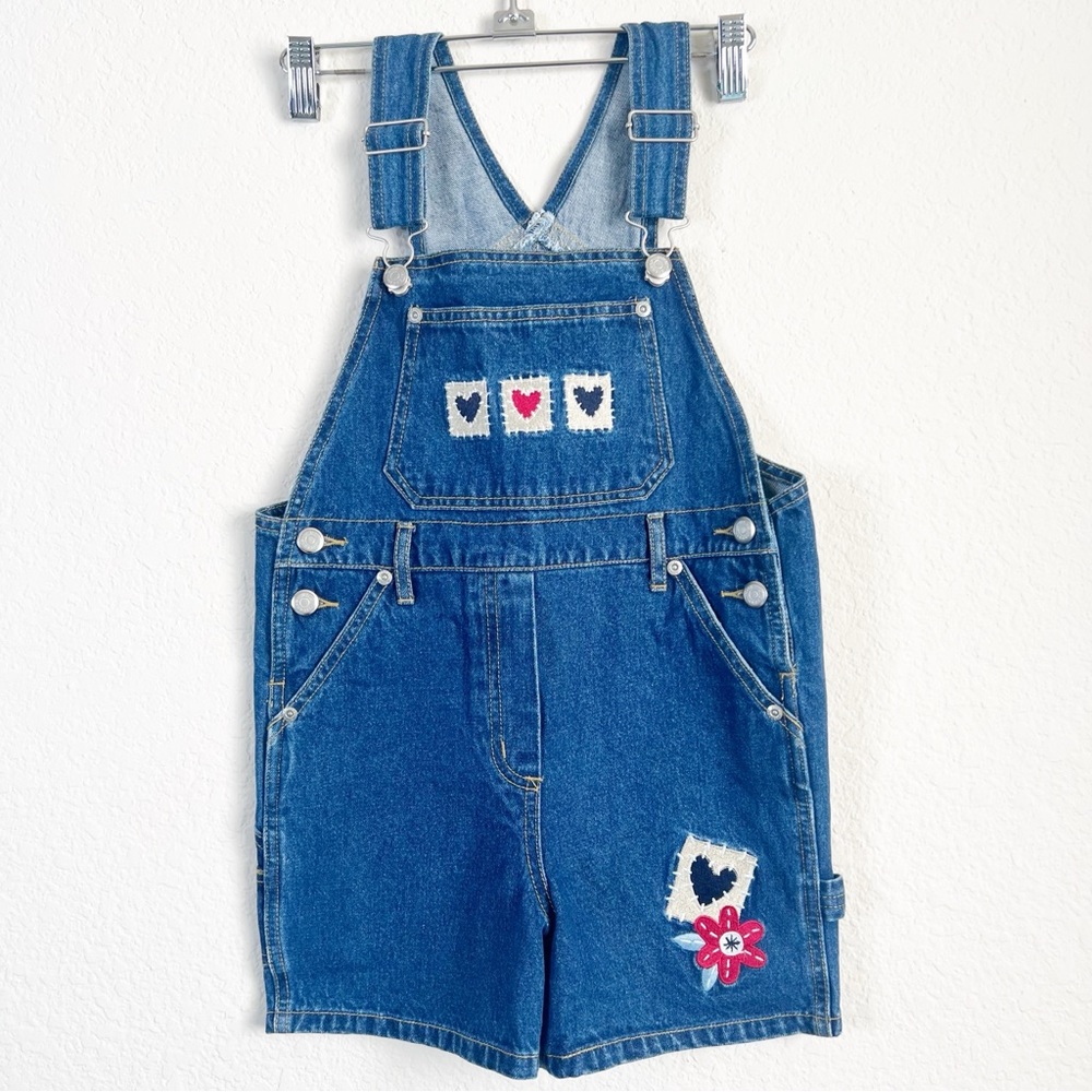 Vintage High Sierra kids Overall Shorts Denim Girls Sz M (5/6) Embroidery Hearts